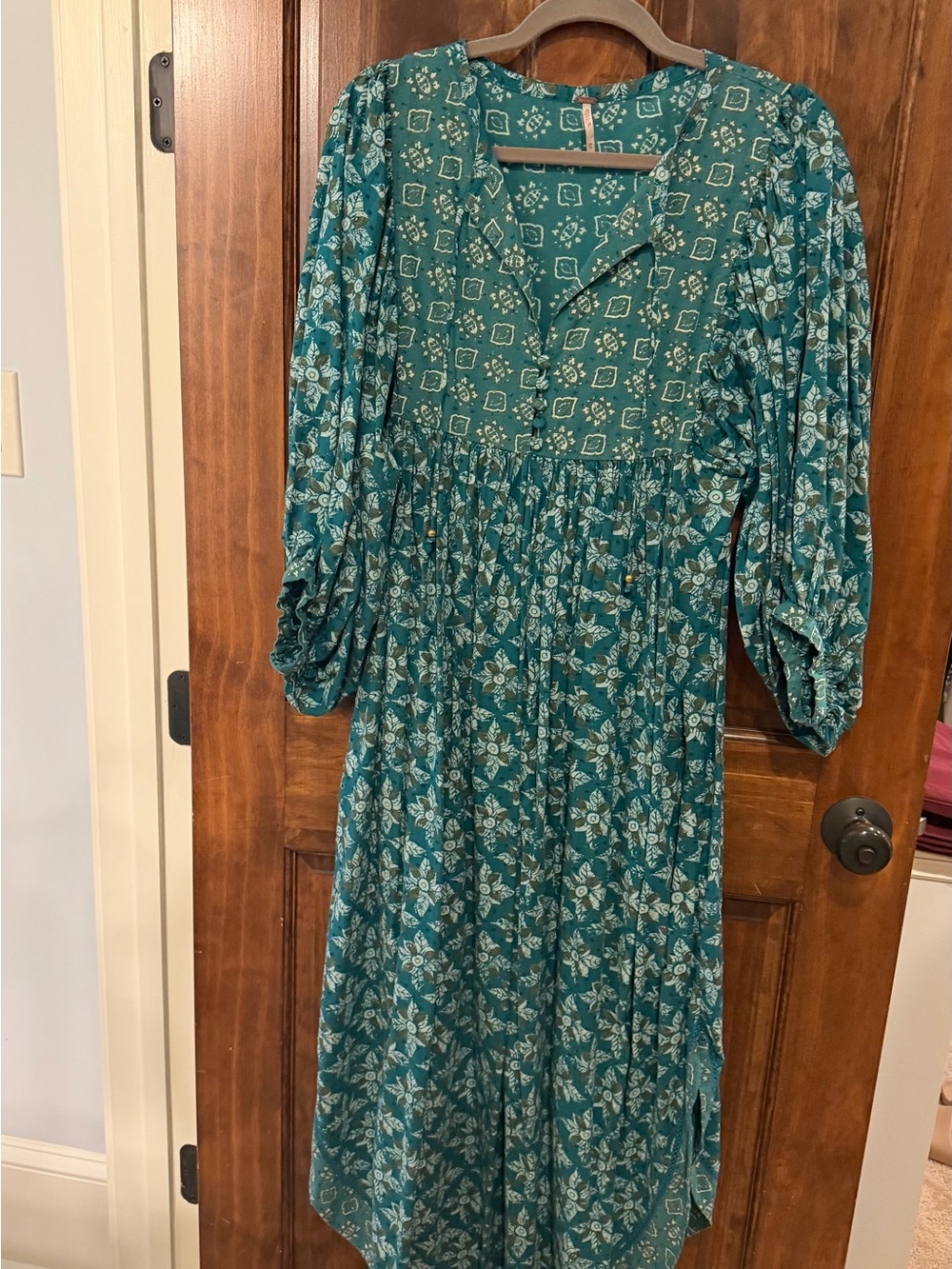 Free People Teal Floral Maxi Dress with Puff Sleeves